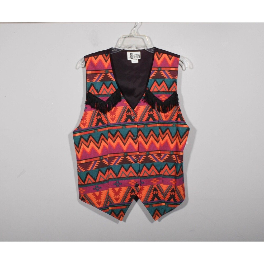 90s Jeans Wear Orange Teal Aztec Fringed Button Up Vest Waistcoat Sz M